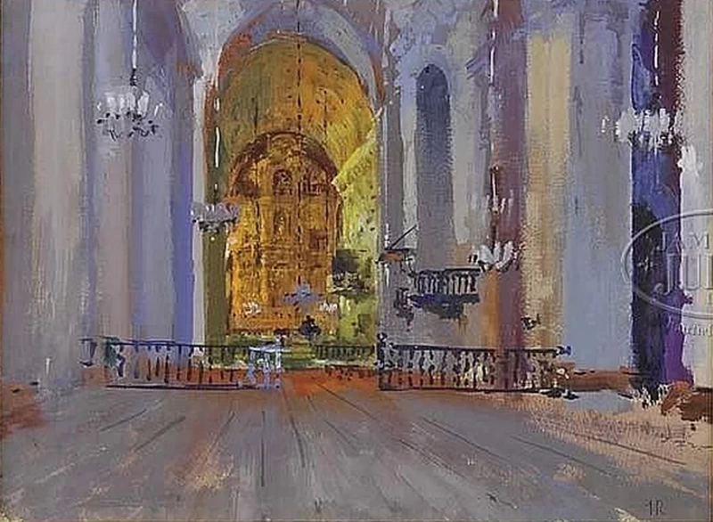 Interno di una grande cattedrale con soffitto a volta